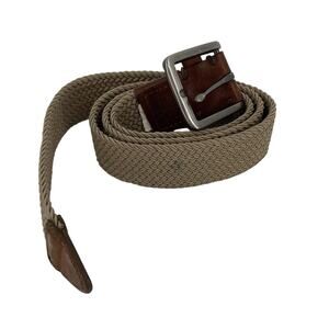 Tommy Bahama Woven Elastic Belt Tan Brown Leather Trim Mens S M Stretch